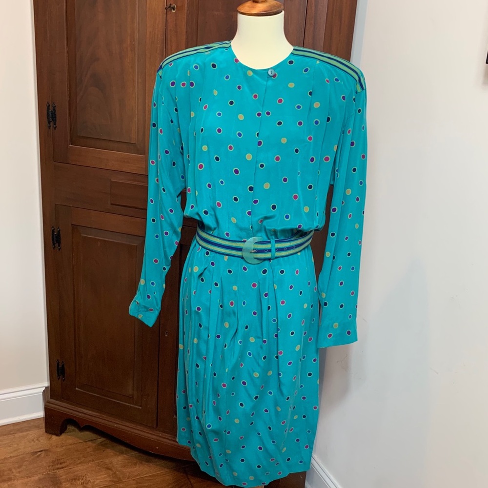 VTG Liz Claiborne blue 1980s silk polka dot dress